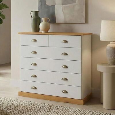 Commodes Idimex - 6 tiroirs en pin massif - Blanc/Marron - Mobilier Chambre - Publicité Commodes Idimex - 6 tiroirs en pin massif - Blanc/Marron - Mobilier Chambre - Publicité