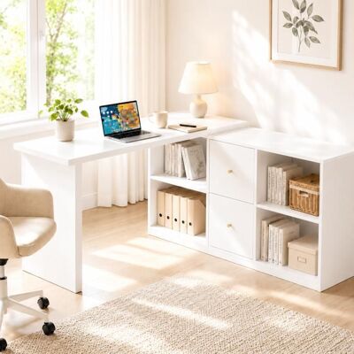 MERAX Bureau d’Angle Pivotant 360° en L - Blanc - 120 x 50 cm - avec 2 Tiroirs et 4 Étagères Ouvertes Flexible Gauche/Droite Blanc - Publicité MERAX Bureau d’Angle Pivotant 360° en L - Blanc - 120 x 50 cm - avec 2 Tiroirs et 4 Étagères Ouvertes Flexible Gauche/Droite Blanc - Publicité