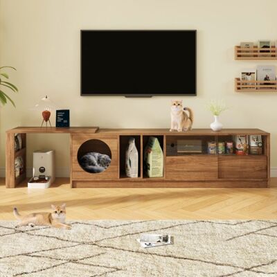 Meuble TV rotatif 180(+80)x40x50cm - MODERNLUXE - Niche pour chat - Portes coulissantes - Naturel - Publicité Meuble TV rotatif 180(+80)x40x50cm - MODERNLUXE - Niche pour chat - Portes coulissantes - Naturel - Publicité