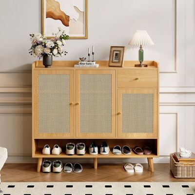 LEMONBEST Armoire à Chaussures en Rotin Naturel 120x106x35 cm - Meuble à chaussures dentrée avec 3 Portes 1 Tiroir - Pieds en Bois Massif Marron - Publicité LEMONBEST Armoire à Chaussures en Rotin Naturel 120x106x35 cm - Meuble à chaussures dentrée avec 3 Portes 1 Tiroir - Pieds en Bois Massif Marron - Publicité