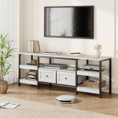 Meuble TV industriel - LUNSY - Design chic et rustique - Structure métallique élégante - Panneaux MDF veiné de bois Blanc - Publicité Meuble TV industriel - LUNSY - Design chic et rustique - Structure métallique élégante - Panneaux MDF veiné de bois Blanc - Publicité