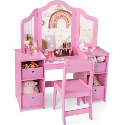 COSTWAY 2 en 1 Coiffeuse Enfant et Chaise avec Miroir Amovible à Trois Volets 4 Compartiments et Bacs de Stockage Rose pour 3 Rose - Publicité COSTWAY 2 en 1 Coiffeuse Enfant et Chaise avec Miroir Amovible à Trois Volets 4 Compartiments et Bacs de Stockage Rose pour 3 Rose - Publicité