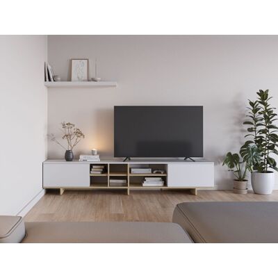 Meuble TV CEQUOIA – Coloris chêne & blanc – 2 portes abattantes et 6 niches – 230 x 356 x 44 cm Marron - Publicité Meuble TV CEQUOIA – Coloris chêne & blanc – 2 portes abattantes et 6 niches – 230 x 356 x 44 cm Marron - Publicité