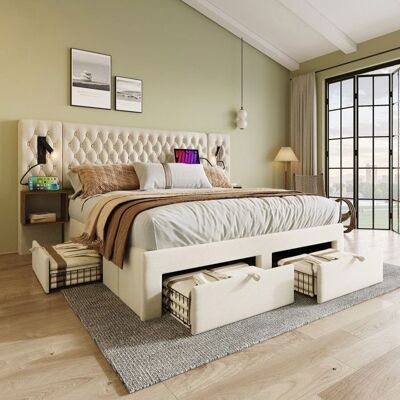 VEPSSDER Lit double de style rétro capitonné avec 2 tables de chevet et 4 tiroirs 180×200cm équipé dune lampe de lecture de chevet beige. Beige - Publicité VEPSSDER Lit double de style rétro capitonné avec 2 tables de chevet et 4 tiroirs 180×200cm équipé dune lampe de lecture de chevet beige. Beige - Publicité
