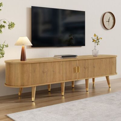 MERAX Meuble TV Bas - 175 cm - Rotin et Bois - Porte Coulissante - Buffet Télévision - Style Rustique Jaune - Publicité MERAX Meuble TV Bas - 175 cm - Rotin et Bois - Porte Coulissante - Buffet Télévision - Style Rustique Jaune - Publicité