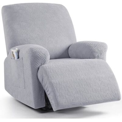 Housse extensible pour fauteuil relax 1 place — gris clair rayée avec poche (4 pièces) Gris - Publicité Housse extensible pour fauteuil relax 1 place — gris clair rayée avec poche (4 pièces) Gris - Publicité
