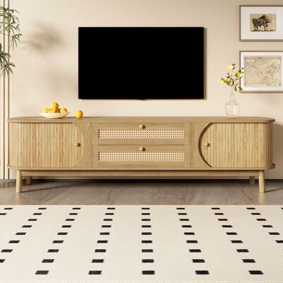 LEMONBEST Meuble TV en bois moderne avec 2 portes et 2 tiroirs en rotin 170 x 395 x 46 cm angles arrondis Meubles de salon Couleur Naturel Marron - Publicité LEMONBEST Meuble TV en bois moderne avec 2 portes et 2 tiroirs en rotin 170 x 395 x 46 cm angles arrondis Meubles de salon Couleur Naturel Marron - Publicité