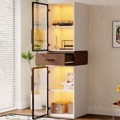 Vitrine en Verre LED Blanche - MERAX - avec 2 Portes Vitrées et Tiroir Noyer – Meuble Vitrine Moderne pour Salon 40 × 40 × 200 cm Blanc - Publicité Vitrine en Verre LED Blanche - MERAX - avec 2 Portes Vitrées et Tiroir Noyer – Meuble Vitrine Moderne pour Salon 40 × 40 × 200 cm Blanc - Publicité