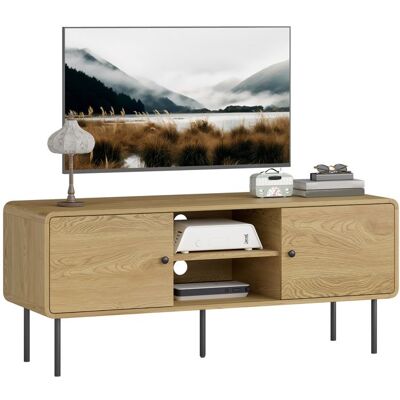 Meuble TV - HOMCOM - jusquà 55 pouces - 2 portes 2 étagères pieds en acier - panneau de particules et MDF - 120x40x50cm - chêne Marron - Publicité Meuble TV - HOMCOM - jusquà 55 pouces - 2 portes 2 étagères pieds en acier - panneau de particules et MDF - 120x40x50cm - chêne Marron - Publicité