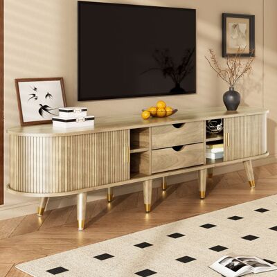 MERAX Meuble TV Bas - 175 cm - Rotin et Bois Effet Oak - Porte Coulissante - Buffet Télévision - Style Rustique Beige - Publicité MERAX Meuble TV Bas - 175 cm - Rotin et Bois Effet Oak - Porte Coulissante - Buffet Télévision - Style Rustique Beige - Publicité