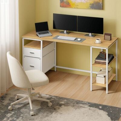 VASAGLE Bureau d’Ordinateur 3 Étagères 2 Tiroirs 160 x 60 x 76 cm Couleur Chêne et Blanc Jaune - Publicité VASAGLE Bureau d’Ordinateur 3 Étagères 2 Tiroirs 160 x 60 x 76 cm Couleur Chêne et Blanc Jaune - Publicité