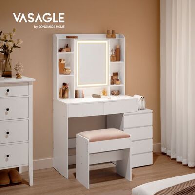 VASAGLE Coiffeuse Grand Miroir LED Compartiments Ouverts Tabouret L-80cm Étagères Réglables Blanc Blanc - Publicité VASAGLE Coiffeuse Grand Miroir LED Compartiments Ouverts Tabouret L-80cm Étagères Réglables Blanc Blanc - Publicité