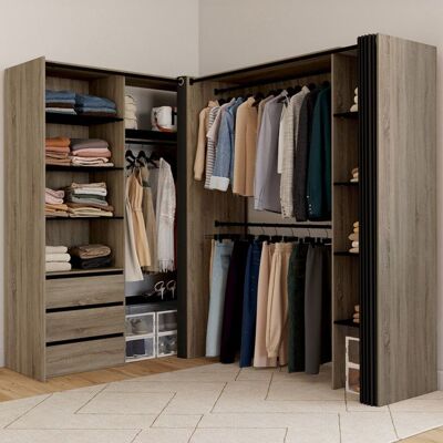IDMARKET Dressing extensible dangle MARLON 200 x 150 x 180 cm hêtre avec penderies + tiroirs + étagères + rideaux noirs Marron - Publicité IDMARKET Dressing extensible dangle MARLON 200 x 150 x 180 cm hêtre avec penderies + tiroirs + étagères + rideaux noirs Marron - Publicité