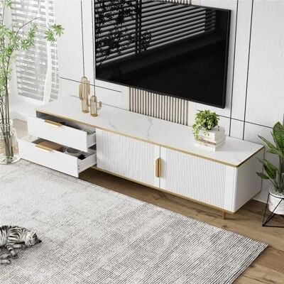 Merax Meuble TV Blanc et Doré 175 cm avec Tiroirs et Portes - Banc TV Moderne avec Texture Sculptée et Pieds Dorés Blanc - Publicité Merax Meuble TV Blanc et Doré 175 cm avec Tiroirs et Portes - Banc TV Moderne avec Texture Sculptée et Pieds Dorés Blanc - Publicité