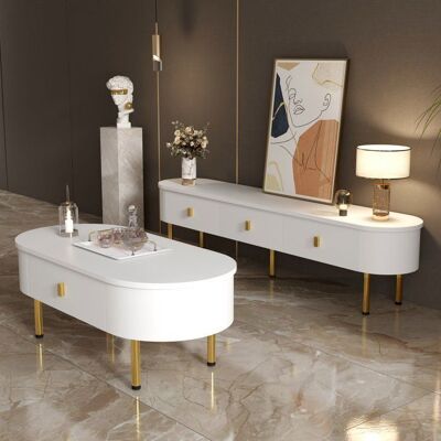 MERAX Ensemble Meuble Salon - Meuble TV et Table Basse Blanc et Doré - Design Arrondi Moderne avec Tiroirs et Pieds Métalliques Blanc - Publicité MERAX Ensemble Meuble Salon - Meuble TV et Table Basse Blanc et Doré - Design Arrondi Moderne avec Tiroirs et Pieds Métalliques Blanc - Publicité