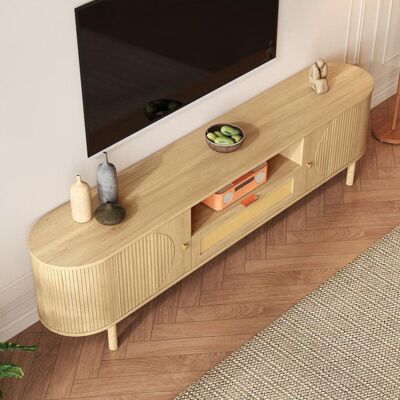 Generic Meuble TV avec tiroirs en rotin avec compartiments ouverts plateau arrondi Meuble télé pieds en métal aspect bois meuble de salon Marron - Publicité Generic Meuble TV avec tiroirs en rotin avec compartiments ouverts plateau arrondi Meuble télé pieds en métal aspect bois meuble de salon Marron - Publicité