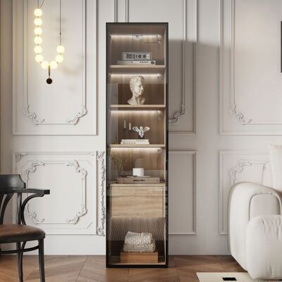 MERAX Vitrine Meuble Salon - Effet Bois - avec Éclairage LED - Porte en Verre et Grand Tiroir - Colonne Salle de Bain Marron - Publicité MERAX Vitrine Meuble Salon - Effet Bois - avec Éclairage LED - Porte en Verre et Grand Tiroir - Colonne Salle de Bain Marron - Publicité