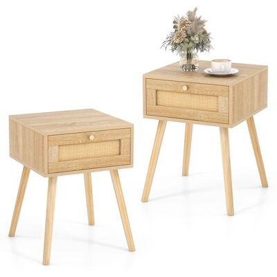 Lot de 2 Table de Chevet COSTWAY-Décoration en Rotin-Tiroir avec Poignée-Table dAppoint en Bois avec Pied en Pin-Style Naturel Marron - Publicité Lot de 2 Table de Chevet COSTWAY-Décoration en Rotin-Tiroir avec Poignée-Table dAppoint en Bois avec Pied en Pin-Style Naturel Marron - Publicité