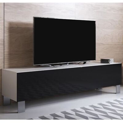 DESIGN AMEUBLEMENT Meuble TV LUKE H2 160 x 42 x 40 cm - 1 porte 3 compartiments blanc et noir brillant pieds aluminium Blanc - Publicité DESIGN AMEUBLEMENT Meuble TV LUKE H2 160 x 42 x 40 cm - 1 porte 3 compartiments blanc et noir brillant pieds aluminium Blanc - Publicité