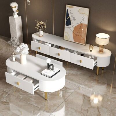 FLORAGRACE Meuble TV 174 cm en MDF blanc laqué – 3 tiroirs avec poignées et pieds dorés contours arrondis style moderne Blanc - Publicité FLORAGRACE Meuble TV 174 cm en MDF blanc laqué – 3 tiroirs avec poignées et pieds dorés contours arrondis style moderne Blanc - Publicité