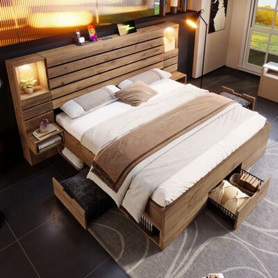 LEMLIT Lit Double Rembourré 180x200 cm avec Éclairage LED 3 Tiroirs de Rangement Tables de Chevet Flottante et Ports USB - Effet Chêne Marron - Publicité LEMLIT Lit Double Rembourré 180x200 cm avec Éclairage LED 3 Tiroirs de Rangement Tables de Chevet Flottante et Ports USB - Effet Chêne Marron - Publicité