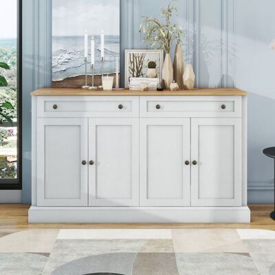Luscriate - Buffet moderne 4 portes 2 tiroirs sideboard 150 cm bois naturel et blanc ancien pour salon - naturel Blanc - Publicité Luscriate - Buffet moderne 4 portes 2 tiroirs sideboard 150 cm bois naturel et blanc ancien pour salon - naturel Blanc - Publicité