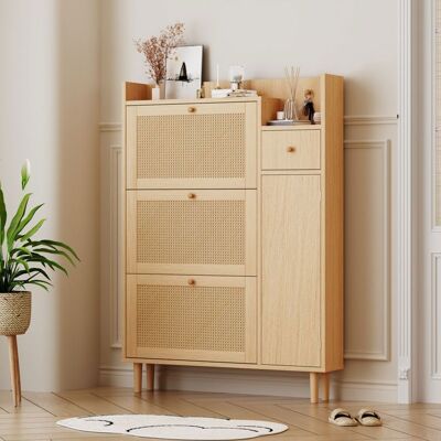 Armoire à chaussures - Merax - Bois et rotin - 3 portes inclinables - 1 tiroir - Compacte Beige - Publicité Armoire à chaussures - Merax - Bois et rotin - 3 portes inclinables - 1 tiroir - Compacte Beige - Publicité