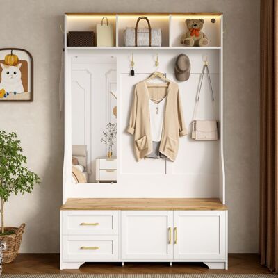 Merax Meuble d’Entrée avec LED Miroir Tiroirs & Crochets – Vestiaire Moderne Bois et Blanc avec Banc de Rangement 120×187×40 cm Blanc - Publicité Merax Meuble d’Entrée avec LED Miroir Tiroirs & Crochets – Vestiaire Moderne Bois et Blanc avec Banc de Rangement 120×187×40 cm Blanc - Publicité