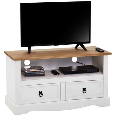 Idimex Meuble TV CAMPO banc télévision en pin massif blanc et brun avec 2 tiroirs et 1 niche meuble de rangement style mexicain en bois Blanc - Publicité Idimex Meuble TV CAMPO banc télévision en pin massif blanc et brun avec 2 tiroirs et 1 niche meuble de rangement style mexicain en bois Blanc - Publicité