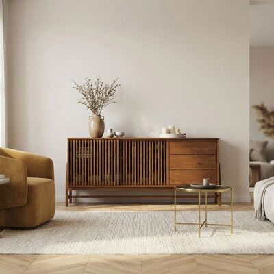 Idimex Buffet ADAMO L 175 cm en Bois Massif Couleur Châtaignier avec 2 Portes Coulissantes 3 Tiroirs Design Chaleureux à Lamelles Marron - Publicité Idimex Buffet ADAMO L 175 cm en Bois Massif Couleur Châtaignier avec 2 Portes Coulissantes 3 Tiroirs Design Chaleureux à Lamelles Marron - Publicité
