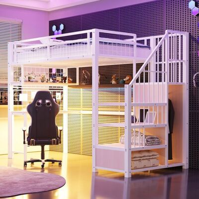 Lit Mezzanine 90x200 cm avec Bureau et Escalier de Rangement Armoire Intégrée – MERAX - Blanc et Bois Naturel Blanc - Publicité Lit Mezzanine 90x200 cm avec Bureau et Escalier de Rangement Armoire Intégrée – MERAX - Blanc et Bois Naturel Blanc - Publicité