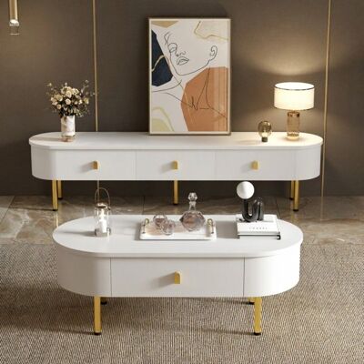 LANGTU Ensemble Meuble TV et Table Basse de Luxe Moderne Salon Complet avec Tiroirs Coins Arrondis Finition Blanc et Or Design Élégan Blanc - Publicité LANGTU Ensemble Meuble TV et Table Basse de Luxe Moderne Salon Complet avec Tiroirs Coins Arrondis Finition Blanc et Or Design Élégan Blanc - Publicité