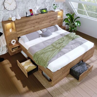 MERAX Lit Adult Combiné - en Bois Massif - avec Tables de Chevet Flottantes et Bibliothèque LED Prises USB et Type-C160 x 200 cm Marron - Publicité MERAX Lit Adult Combiné - en Bois Massif - avec Tables de Chevet Flottantes et Bibliothèque LED Prises USB et Type-C160 x 200 cm Marron - Publicité