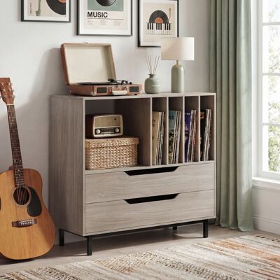 GIANTEX Support pour Tourne-Disque 2 Tiroirs 5 Compartiments Ouverts Pied en Métal Meuble de Rangement 91x35x87cm Gris Gris - Publicité GIANTEX Support pour Tourne-Disque 2 Tiroirs 5 Compartiments Ouverts Pied en Métal Meuble de Rangement 91x35x87cm Gris Gris - Publicité