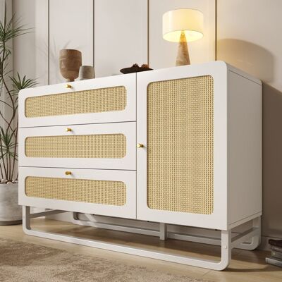 MERAX Buffet blanc avec cannage 3 tiroirs et 1 porte étagère réglable poignées dorées meuble de rangement 120×40×85 cm Blanc - Publicité MERAX Buffet blanc avec cannage 3 tiroirs et 1 porte étagère réglable poignées dorées meuble de rangement 120×40×85 cm Blanc - Publicité