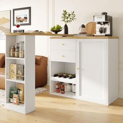 MERAX Meuble Bar Rotatif 360° avec 4 Tiroirs et Étagères Ouvertes Table de Bar Bois Blanc Or 138 cm Blanc - Publicité MERAX Meuble Bar Rotatif 360° avec 4 Tiroirs et Étagères Ouvertes Table de Bar Bois Blanc Or 138 cm Blanc - Publicité