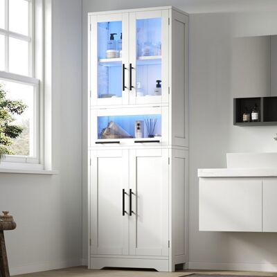 MERAX Armoire de Salle de Bain LED - 60 x 30 x 170 cm - Colonne de Rangement - avec Portes Vitrées - Étagères Réglables - Blanche Blanc - Publicité MERAX Armoire de Salle de Bain LED - 60 x 30 x 170 cm - Colonne de Rangement - avec Portes Vitrées - Étagères Réglables - Blanche Blanc - Publicité