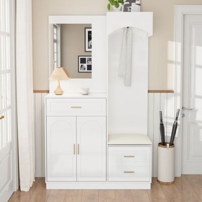 Merax Meuble d’entrée Moderne avec Miroir Armoire Banc à Chaussures et Tiroirs – Vestiaire Compact Blanc110×33×1855 cm Blanc - Publicité Merax Meuble d’entrée Moderne avec Miroir Armoire Banc à Chaussures et Tiroirs – Vestiaire Compact Blanc110×33×1855 cm Blanc - Publicité