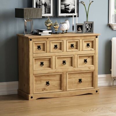 VIDA DESIGNS Commode Corona de style marchand en pin massif avec 9 tiroirs finition cirée Beige - Publicité VIDA DESIGNS Commode Corona de style marchand en pin massif avec 9 tiroirs finition cirée Beige - Publicité