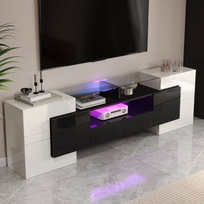 NUVLAGU Meuble TV 200 cm blanc et noir brillant avec surface en verre LED multicolore 6 portes 2 tiroirs 3 niches style moderne - Publicité NUVLAGU Meuble TV 200 cm blanc et noir brillant avec surface en verre LED multicolore 6 portes 2 tiroirs 3 niches style moderne - Publicité