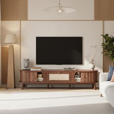 Meuble TV 170cm - AMBIANCE - Bois Massif & Rotin - Portes Coulissantes - Noyer & Beige - Style Naturel Rustique - 2 Tiroirs - Publicité Meuble TV 170cm - AMBIANCE - Bois Massif & Rotin - Portes Coulissantes - Noyer & Beige - Style Naturel Rustique - 2 Tiroirs - Publicité