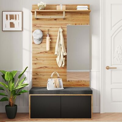 LEMONBEST Meuble dEntrée en Bois 100x38x190 cm Porte-manteau avec Miroir et Banc Rembourré Meuble à Chaussures et Étagères - Noir+Naturel Marron - Publicité LEMONBEST Meuble dEntrée en Bois 100x38x190 cm Porte-manteau avec Miroir et Banc Rembourré Meuble à Chaussures et Étagères - Noir+Naturel Marron - Publicité