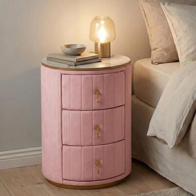 Table de Chevet Ronde - BELLEMAVE - avec 3 Tiroirs - en Velours - Dessus à Effet Marbre - Table de Nuit - 40 × 40 × 525 cm - Rose Rose - Publicité Table de Chevet Ronde - BELLEMAVE - avec 3 Tiroirs - en Velours - Dessus à Effet Marbre - Table de Nuit - 40 × 40 × 525 cm - Rose Rose - Publicité