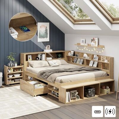 LEMONBEST Lit Enfant 140 x 200 cm Lit Coffre avec Chargement sans Fil et Port USB Tables de Chevet étagères et armoires de Rangement Marron - Publicité LEMONBEST Lit Enfant 140 x 200 cm Lit Coffre avec Chargement sans Fil et Port USB Tables de Chevet étagères et armoires de Rangement Marron - Publicité