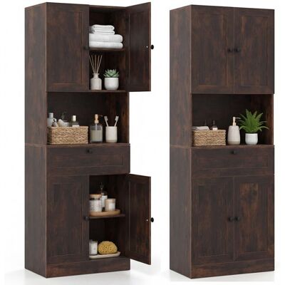 COSTWAY Armoire de Salle de Bains avec 4 Portes 1 Tiroir Compartiment Ouvert Étagère Réglable pour Salon Cuisine Marron Marron - Publicité COSTWAY Armoire de Salle de Bains avec 4 Portes 1 Tiroir Compartiment Ouvert Étagère Réglable pour Salon Cuisine Marron Marron - Publicité