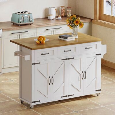 MERAX Îlot de Cuisine Desserte de Cuisine avec Plateau Pliable Blanc Style Rustique Moderne 4 Portes 3 Tiroirs sur Roulettes Blanc - Publicité MERAX Îlot de Cuisine Desserte de Cuisine avec Plateau Pliable Blanc Style Rustique Moderne 4 Portes 3 Tiroirs sur Roulettes Blanc - Publicité