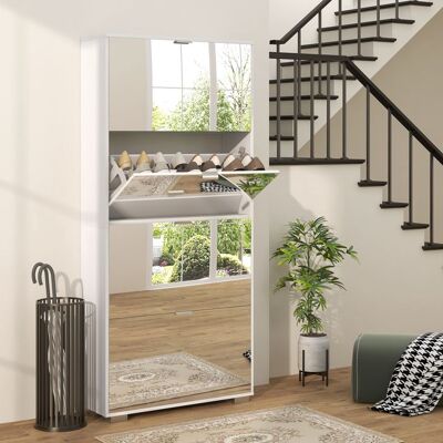 Generic Meuble à chaussures 2 en 1 façades miroir 4 portes abattants étagères réglables jusquà 24 paires 76l x 26P x 168H cm Blanc - Publicité Generic Meuble à chaussures 2 en 1 façades miroir 4 portes abattants étagères réglables jusquà 24 paires 76l x 26P x 168H cm Blanc - Publicité