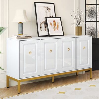 MODERNLUXE Buffet 140 x 40 x 80 cm - 4 portes - Avec étagères réglables - Finition brillante - Blanc + Or Blanc - Publicité MODERNLUXE Buffet 140 x 40 x 80 cm - 4 portes - Avec étagères réglables - Finition brillante - Blanc + Or Blanc - Publicité