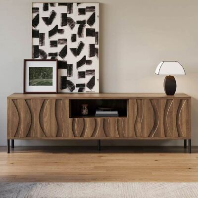 Meuble TV - LEMONBEST - Meuble TV 160 cm - 3 portes ondulées - MDF aspect bois naturel - Rangement ouvert Marron - Publicité Meuble TV - LEMONBEST - Meuble TV 160 cm - 3 portes ondulées - MDF aspect bois naturel - Rangement ouvert Marron - Publicité