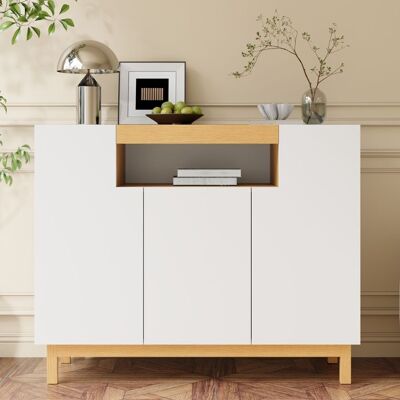 MERAX Buffet Haut 120 cm Blanc et Bois 3 Portes avec Niche Ouverte Meuble de Rangement Salon Salle à Manger Blanc - Publicité MERAX Buffet Haut 120 cm Blanc et Bois 3 Portes avec Niche Ouverte Meuble de Rangement Salon Salle à Manger Blanc - Publicité
